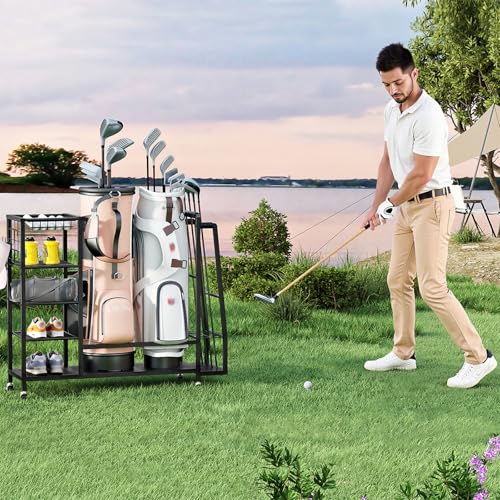 HOOBRO Golf Bag Storage Garage Organizer, Golf Bag Storage Stand Fits 2 Golf Bags and Golf Equipment Rack with Wheels, Extra Storage Rack for Garage, Club, Basement, Black BK49CJ01
