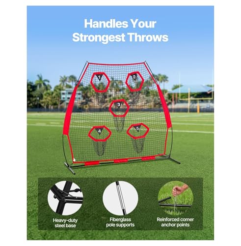 7 x 7 ft Football Trainer Throwing Net, Training Throwing Target Practice Net with 5 Target Pockets, Knotless Net Includes Straps and Portable Carry Case, Improve QB Throwing Accuracy, Red