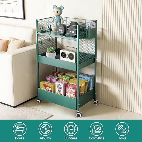3-Tier Rolling Storage Cart Metal Utility Cart with Wheels, Office Organizer with Hanging Cups, Hooks, Book Snack Craft Mobile Shelving Unit for Office Kitchen Nursery - color: Green