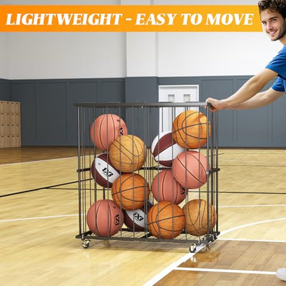 Hencawima Large Garage Ball Storage, Rolling Floor Sports Equipment Organizer: Freestanding Ball Rack with Elastic Rope–, Ball Holder for Basketball, Soccer, Football, Volleyball, Garage, Gym, Black - size: Large, style: With Wheels,Rectangle