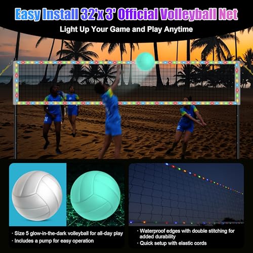 LED Volleyball Net Outdoor, Professional Light Up Volleyball Net with Solar Rope Light, 32x3ft Portable Heavy Duty Volleybal Net Set with Glow in The Dark Volleyball & Carry Bag for Backyard, Beach