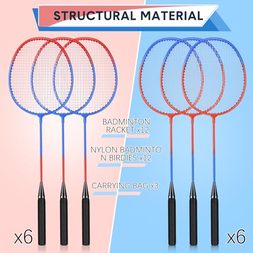 12 Pack Badminton Rackets Set Including Badminton Racquets, Nylon Shuttlecocks and Carry Bag for Outdoor Backyard Games Beginners - color: Red-Blue