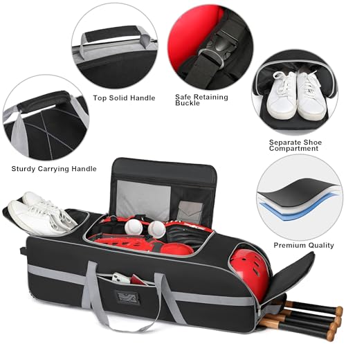 Large Rolling Baseball Catchers Gear Bag with Wheels, Softball Bag for 4 Bats,Equipment Bag with Separate Shoe & Helmet Compartments,Fence Hook for Youth & Adult