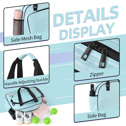 Boulder Bee Pickleball Bags, Premium Pickleball Tote Bag for Girls, Women’s Hand/Shoulder Gym Bag w Water Bottle Holder, with Pickleball Racquet/Paddle Holder - color: Stripe-Green