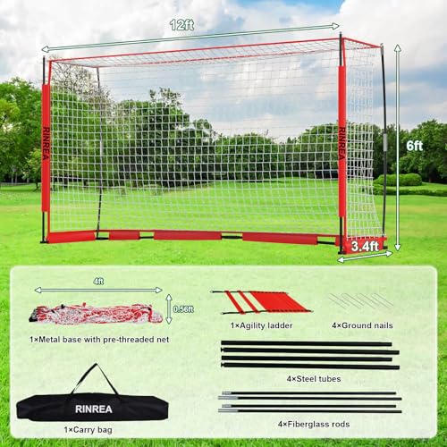 RINREA Portable Soccer Goal, Collapsible Soccer Goal Net Metal Base, Quick Setup Soccer Training Equipment with 1 Carry Bag, 1 Agility Ladder, 4 Ground Nails