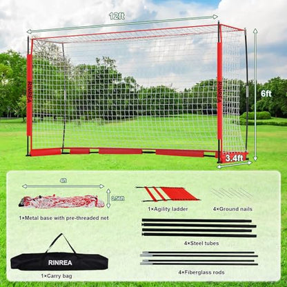 RINREA Portable Soccer Goal, Collapsible Soccer Goal Net Metal Base, Quick Setup Soccer Training Equipment with 1 Carry Bag, 1 Agility Ladder, 4 Ground Nails