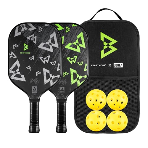 JOOLA Beastmode by Marshawn Lynch or Essentials Pickleball Paddle with Reinforced Fiberglass Surface and Honeycomb Polypropylene Core – Includes 2 Rackets, 4 Balls, and Storage Carry Bag