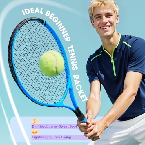 AboveGenius Neon Tennis Rackets 2 Pack for Adults- 27" Lightweight Aluminum Tennis Racquet Set with 3 Balls & Bag- Vibrant High-Visibility Matte Finish for Men Women Beginners - color: Pink/Blue