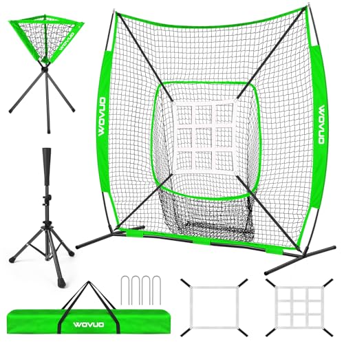 7x7 ft Baseball Net for Batting Pitching Hitting, Softball Pitching Net with Strike Zone, Tee, Ball Caddy, Softball Batting Net Baseball Training Equipment for Kids Adult Youth Sport Practice - color: Green
