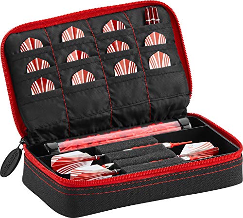 Casemaster Plazma Dart Case for Soft and Steel Tip Darts, Holds 3 Darts and Features Built-In Storage Tube and Pockets for Flights, Tips, Shafts, and Personal Items - color: Ruby Trim