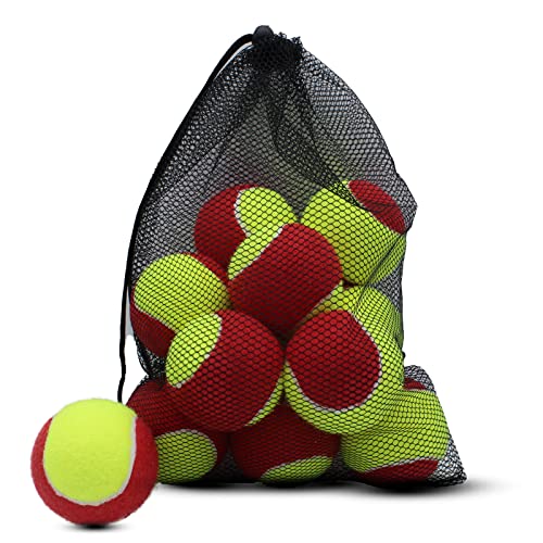 Tennis Balls, 12 Pack 25% Low Compression Stage Tennis Ball for Beginners Youth Kids Training Practicing with Mesh Bag for Easy Transport (Red)