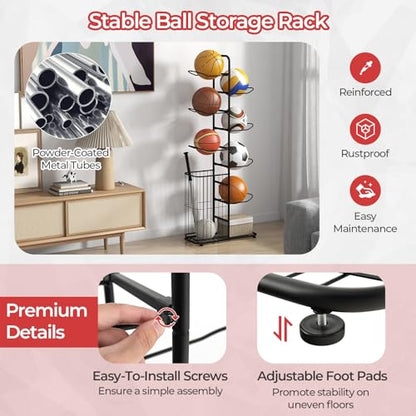 GYMAX Sports Equipment Organizer, Basketball Rack 7-Tier with Removable Hanging Rods, Side Ball Basket, Adjustable Foot Pads, Sports Organizer for Garage, Toy Organizer