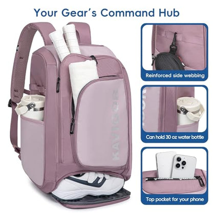 KAVIGOR Pickleball Bag, Large Pickleball Backpack Holds 4 to 6 Paddles, Shoes Compartment & Wet/Dry Pocket (9 Pockets), Charge Port - color: Berry Pink