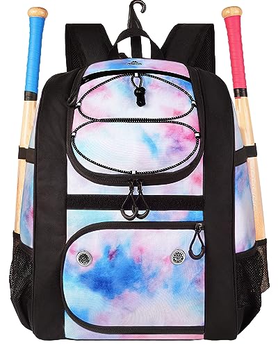 MATEIN Softball Bag, Lightweight Baseball Backpack with Shoe Compartment, Baseball Bag with Fence Hook for TBall Bat & Equipment, Softball Gifts Catchers Backpack for Women Fit Catcher’s Mitt, Helmet - color: Tie-dye - Large
