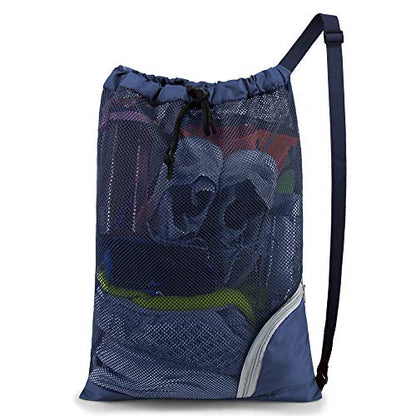 BeeGreen Mesh Drawstring Bag Swim Backpack for Beach Pool Sports Gym Draw String Cinch Bags for Swimming Soccer Basketball Gear Navy - color: Navy, style: Mesh Bag
