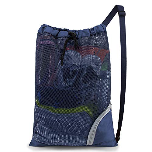 BeeGreen Mesh Drawstring Bag Swim Backpack for Beach Pool Sports Gym Draw String Cinch Bags for Swimming Soccer Basketball Gear Navy - color: Navy