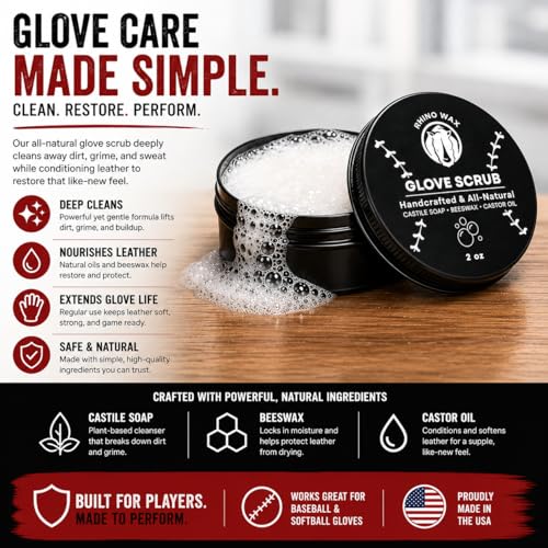 Rhino Wax - Baseball Glove Scrub Kit - Deep Cleans Base Ball or Softball Gloves with Powerful Scrubbing Formula - Kit Includes Scrub, Brush, and Microfiber Cloth in a Convenient Canvas Bag - USA Made - size: Scrub Tin (Only)