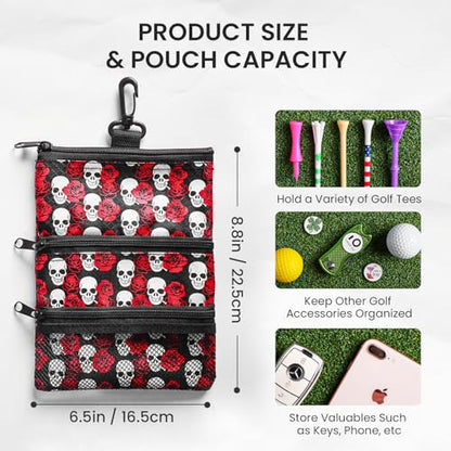 Amy Sport Golf Bag Accessories Valuables Pouch Bags Multi Pocket Zipper Hook with 10 Pcs Wood Golf Tees for Men Women - color: Rose