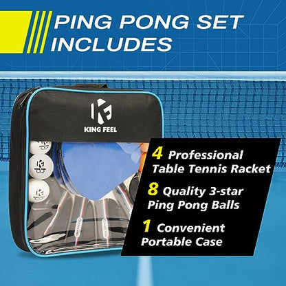 Ping Pong Paddles Set of 4 Premium Table Tennis Rackets 3-Star Ping Pong Balls(8) with Ping Pong Paddle Case Professional Table Tennis Paddles Set for Indoor & Outdoor Games