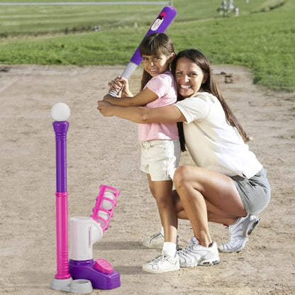 HYES Tball Set for Toddlers 3-5, Tee Ball Set with Step on Pitching Machine/Adjustable Batting Tee/Retractable Baseball Bat/8 Pop Up Balls, Outdoor Sport Toy Games for Kids Girls