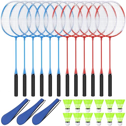 12 Pack Badminton Rackets Set Including Badminton Racquets, Nylon Shuttlecocks and Carry Bag for Outdoor Backyard Games Beginners - color: Blue White, Red White