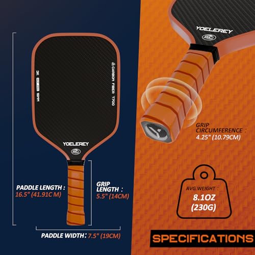 Carbon Fiber Pickleball Paddle, 3K Carbon Abrasion Surface (CAS) for Spin Friction with 16MM Honeycomb Core Pickleball Paddle, T700 Raw Carbon Fiber for Power & Consistency, USAPA Approved