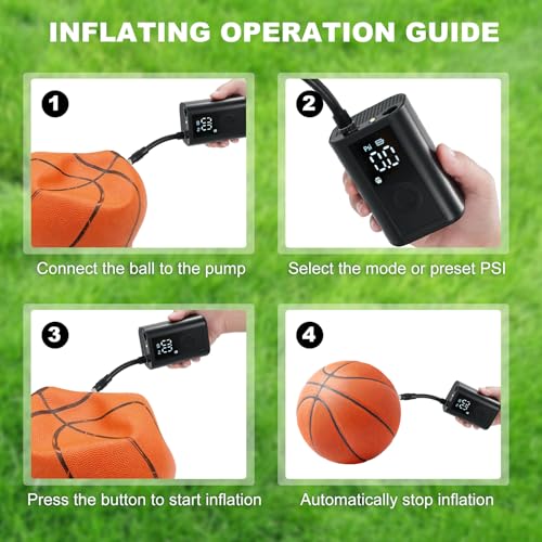 Electric Ball Pump with LCD Pressure Gauge and LED Work Light - 0 to 15 PSI Rechargeable Portable Inflator for Basketball Soccer Volleyball and Baseball - Integrated Needle Storage