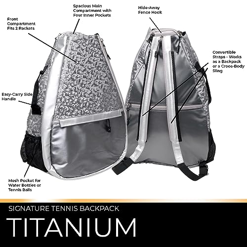 Glove It Signature Tennis Backpack for Women, Lightweight Ladies Tennis Bag & Sling Backpack for 2 Racquets, Balls, Water Bottle - Titanium