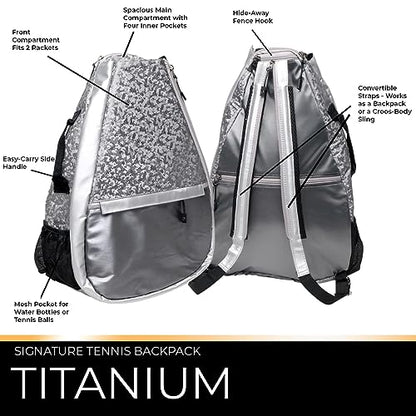 Glove It Signature Tennis Backpack for Women, Lightweight Ladies Tennis Bag & Sling Backpack for 2 Racquets, Balls, Water Bottle - Titanium