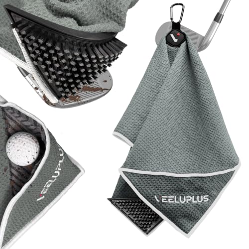 4-in-1 Magnetic Golf Towel with Golf Brush & Cleaning Pocket -3 Stage Cleaning System - Super Strong Golf Club Cleaner- Microfiber Waffle-15.7" X 23.6" Golf Accessories and Gifts for Men Women (RED) - color: Gray
