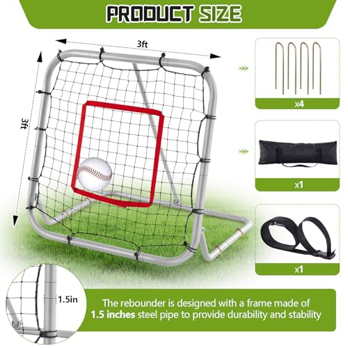3' x 3'/1.67' x 1.67' Pro Portable Baseball and Softball Rebounder Adjustable Heavy Duty Pitch-Back Net with Bag Strap Fielding Trainer Net 3 Angles Ground Balls Line Drives Pop Flies