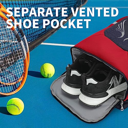 INOXTO 40L Tennis Backpack for Men & Women, Large Pickleball Bag With Independent Shoe Storage, Waterproof & Breathable, Holds 2 Tennis Rackets for Badminton, Travel & Camping - color: dark blue with red