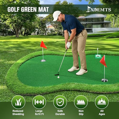 Thickened Realistic Golf Putting Green, 5 x 10ft Professional Golf Practice Training Mat for Indoor Outdoor, 3 Holes, Long Challenging Game Green Mat for Children with Training Aid Put Cup