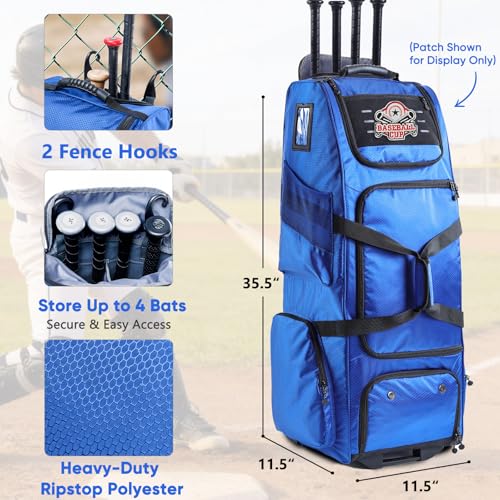 Large Rolling Baseball Catchers Gear Bag with Wheels, Softball Bag with Hard Backing for 4 Bats,Equipment Bag with Separate Shoe & Helmet Compartments, Youth Baseball Bag with 360° Spinner Wheels - color: Blue, size: Style B - Heavy-Duty Rolling Base