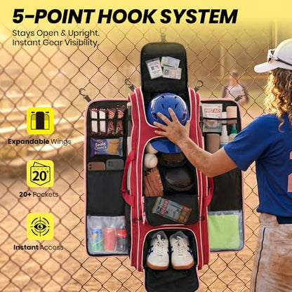 100L Rolling Catchers Gear Bag - Large Baseball & Softball Duffle with 5 Fence Hooks, Locker-Style Organizer, Holds 8 Bats, Vented Shoe Zone - Essential Pro Edition - color: Cardinal Maroon