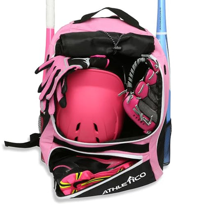 Athletico Softball Bat Bag - Backpack for Softball, Baseball, & T-Ball Equipment & Gear for Kids, Youth, and Adults | Holds Bat, Helmet, Glove, & Shoes | Separate Shoe Compartment, & Fence Hook