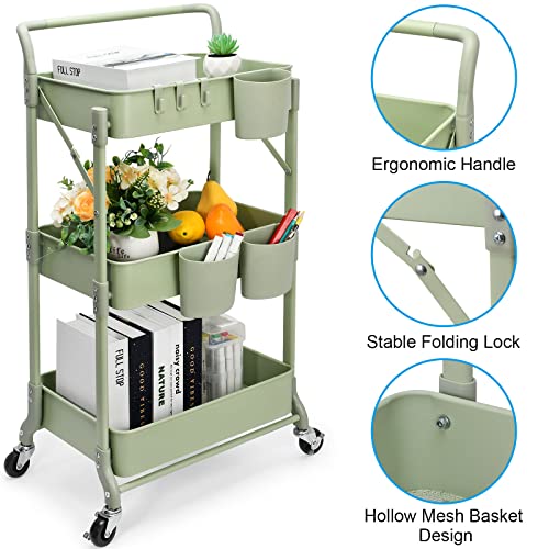 Foldable 3 Tier Rolling Cart, Metal Utility Cart, Folding Mobile Multi-Function Storage Trolley Organizer Cart for Home Library Office(Green) - color: Green