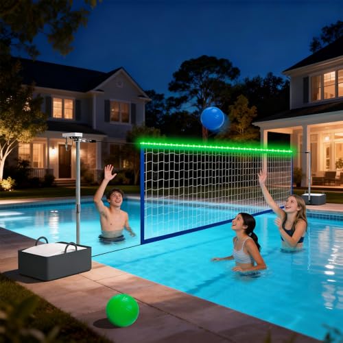 Pool Volleyball Net Set with LED Lights, Larger Solar Panel - High Brightness Volleyball Net for Inground Pools, Adjustable 15-32ft Length Outdoor Water Volleyball Games Toy for Backyard Party