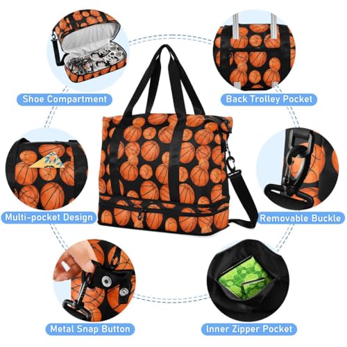 ALAZA Basketball Ball Black Travel Duffel Bag Tote Bag Multi Compartment Weekender Overnight Bag with Wet Pocket for Travel Men Women