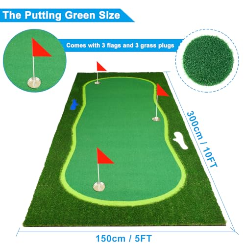 Golf Putting Green, Large Professional Golf Training Mat, Realistic Artificial Grass Turf,Golf Turf Mat with 3 Flags, Golf Game Kids, Putting Practice Green Mat for Indoor Outdoor - size: 5X10ft