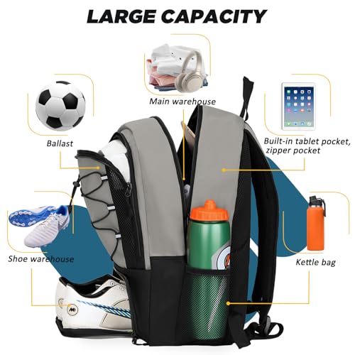 Goloni Soccer Bag, Basketball Bag with Ball Compartment & Shoe Compartment,Large Soccer Backpack for Basketball,Gym，Football - color: Grey