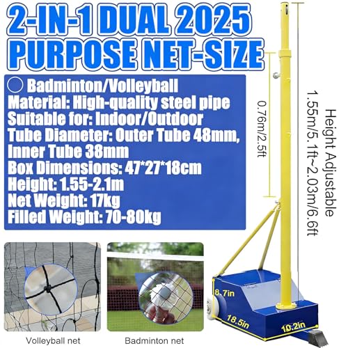 Volleyball Poles for Backyard,Badminton Net Frame Poles,Indoor& Outdoor Heavy Duty Volleyball Poles, Adjustable 4 Heights of 5ft-6.9ft w/Wheels&Net,for Adults Kids Stadium