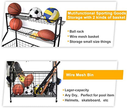 Sports Equipment Organizer Ball Storage Organizer Utility Racks with Wheels Baskets Hooks Standing Shelf Units Carts Garage Wagon Racks for Basketball Football Soccer Volleyball Baseball Bat Holder