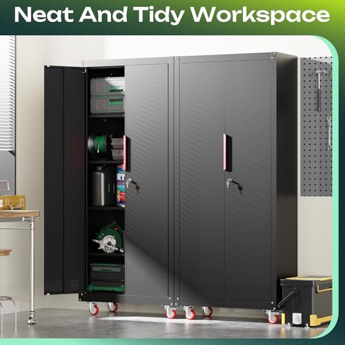Kelueo 71" H Garage Storage Cabinet with Wheels,Metal Cabinets with 4 Adjustable Shelves and 2 Locking Doors for Garage,Home,Office,Shop,Black