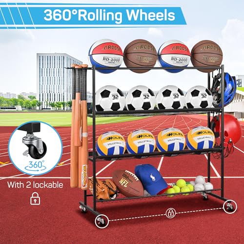 Mythinglogic Basketball Rack, Ball Storage with Baseball Bat Holder, Rolling Ball rack with Removable Nylon Mesh for Various Ball Sizes, Basketball Holder for Football Basketball Soccer Ball