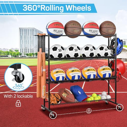 Mythinglogic Basketball Rack, Ball Storage with Baseball Bat Holder, Rolling Ball rack with Removable Nylon Mesh for Various Ball Sizes, Basketball Holder for Football Basketball Soccer Ball