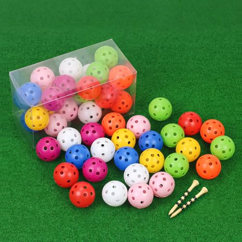 26 Pack Practice Golf Balls, 41mm Hollow Airflow Plastic Golf Balls with Golf Tees, for Indoor Outdoor Driving Range Backyard Swing Practice - color: Multicolor