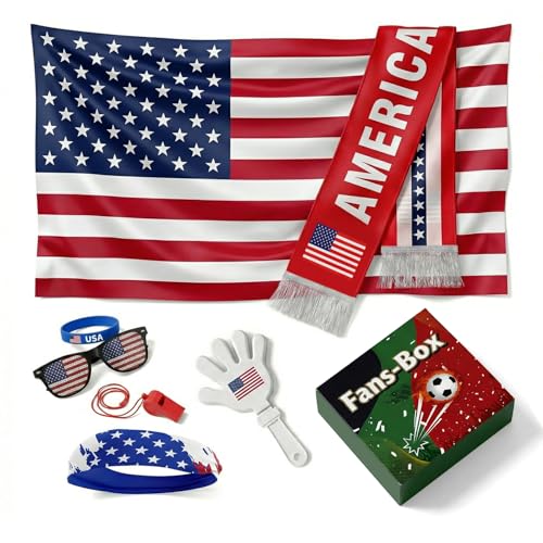 Soccer Fan Gear Set 2026-7 Piece Game Day Kit with Flag, Scarf, Glasses, Whistle, Clapper, Wristband & Headband in Gift Box - Watch Party & Stadium Essentials for USA - color: USA