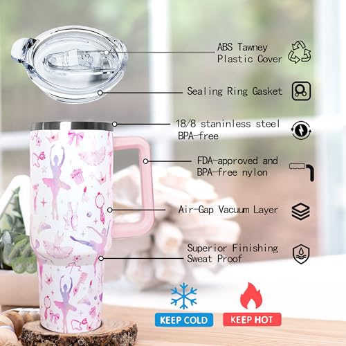 Ceovfoi 40oz Tumbler with Handle，Lid & Straw Vacuum Insulated Travel Coffee Mug, Ballet Gifts for Girls Women, Ballerina Dance Lover Appreciation Gift - color: Ballet
