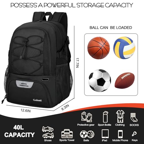 Goloni Basketball Backpack,Large Sports Bag with Ball Compartment & Shoe Compartment,Basketball Bag Fit Volleyball, soccer,Gym - color: Black